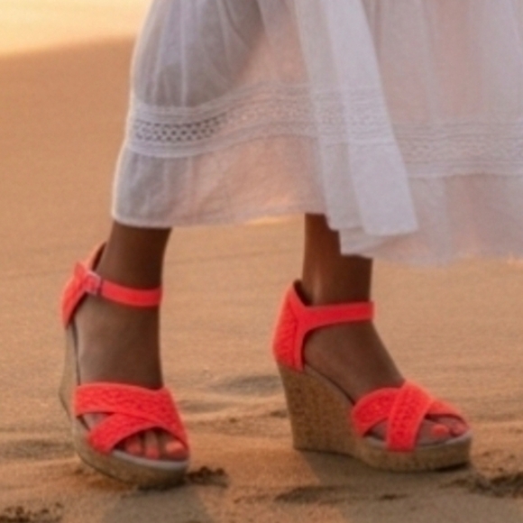 TOMS | NEON CROCHETED CROSS STRAP CORK WEDGE SANDALS - Picture 1 of 16